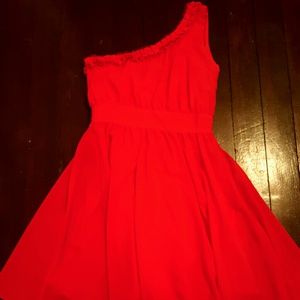 One shoulder red fit and flare dress
