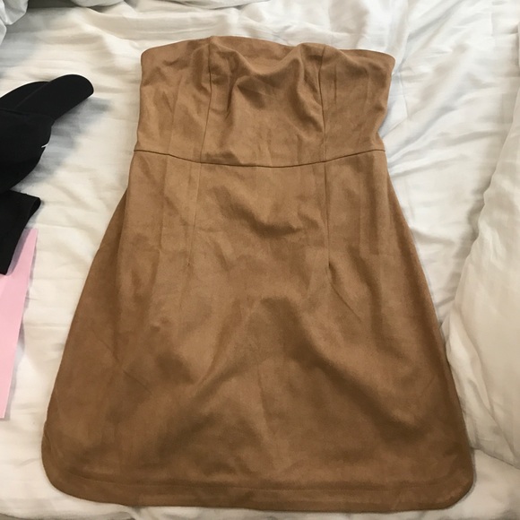 Tan faux suede bandeau bodycon dress