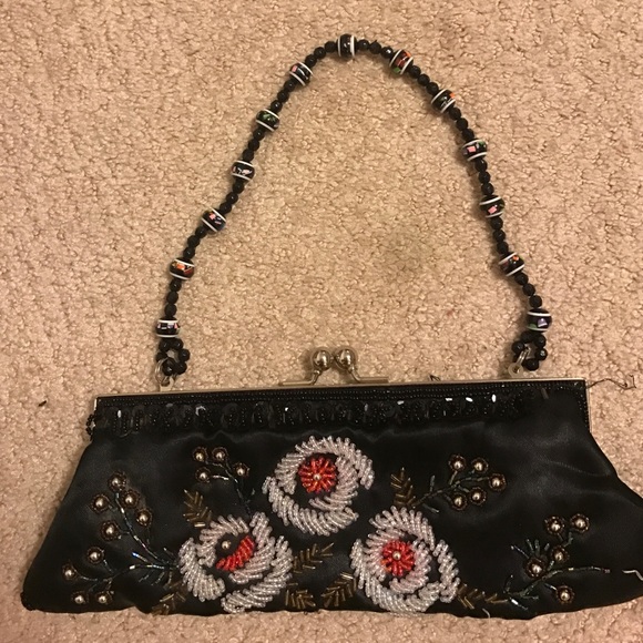 Black Satin Beaded Clutch