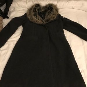Dark grey peat coat with fur collar trim