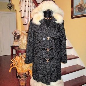 Persian lamb coat with hood & fox trim
