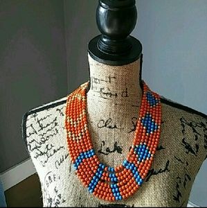 Gorgeous 7 Rows of beads Orange/Blue/Gold Necklace