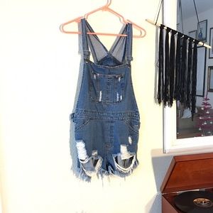 Denim ripped knee short overalls