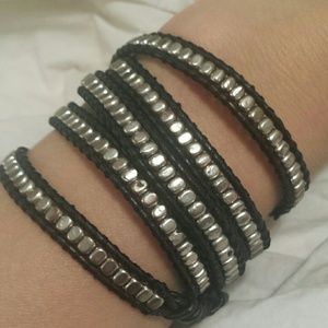 Black leather wrap bracelet with silver beads