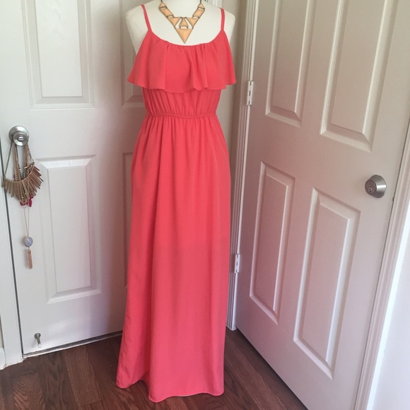 Coral Ruffle Maxi Dress