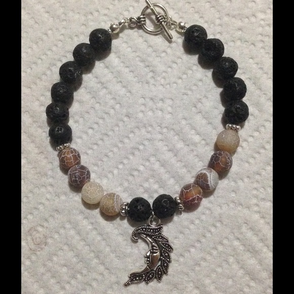 *SOLD* Coffee Agate Black Lava Rock Moon Bracelet - Picture 2 of 3