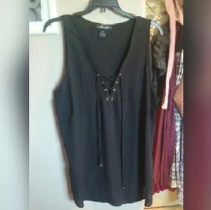 black chiffon lace up tank top with gold acents