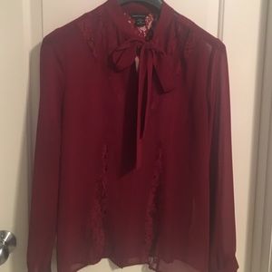 Red Sheer pussy blow blouse with lace inserts