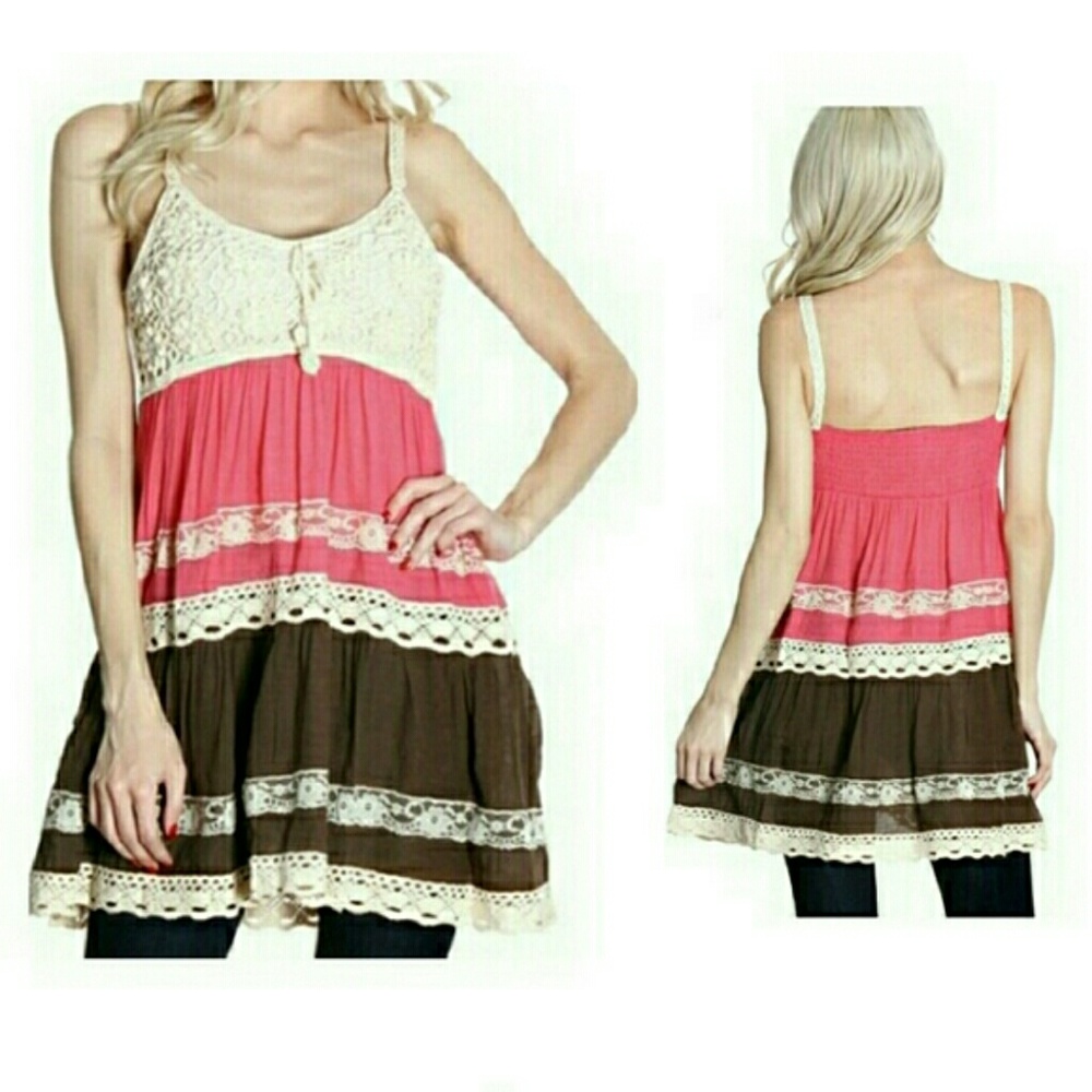 Coral brown cream Lace tunic top  LARGE left