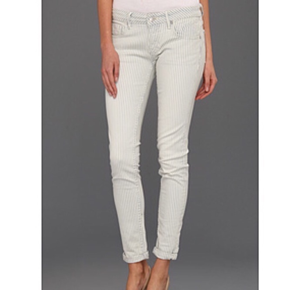 White/Blue striped skinny jeans.