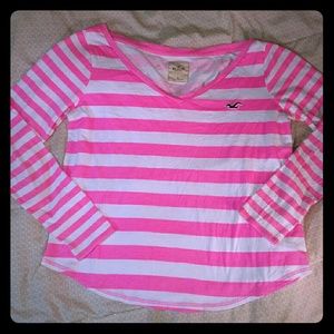 ♡ Hollister striped crew neck tee pink and white l