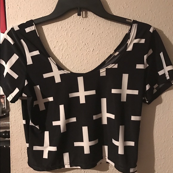 Elegant Black Crop Shirt/with White Crosses