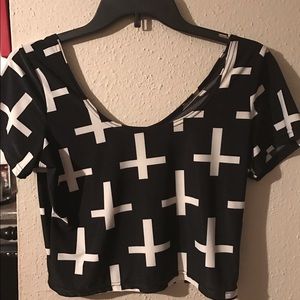 Elegant Black Crop Shirt/with White Crosses