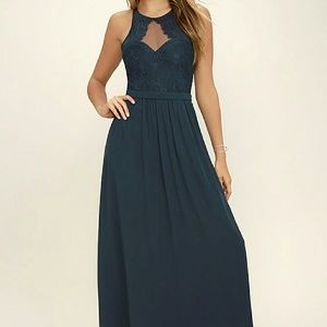 BARIANO CALUDIA NAVY BLUE LACE MAXI DRESS