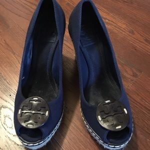Tory Burch Wedges Navy Blue with Black Logo