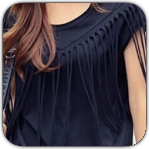 HP NWT Sexy Boho Black Fringe Scoop Neck T-Shirt - Picture 2 of 2