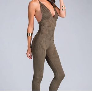 Olive Faux Suede Jumpsuit