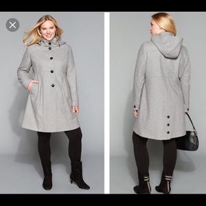 BLACK DKNY hooded single breasted A-line wool coat