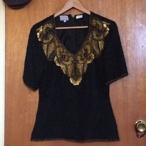 Exquisite Vintage Gold Sequin-Black Beaded Top