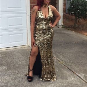 Gold and black sequin evening dress