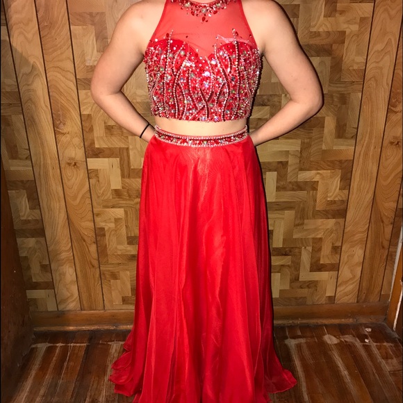 Red sequined 2 piece prom dress