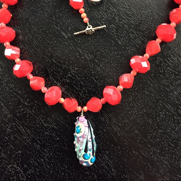 Handmade ceramic/glass pendant with red glass bead