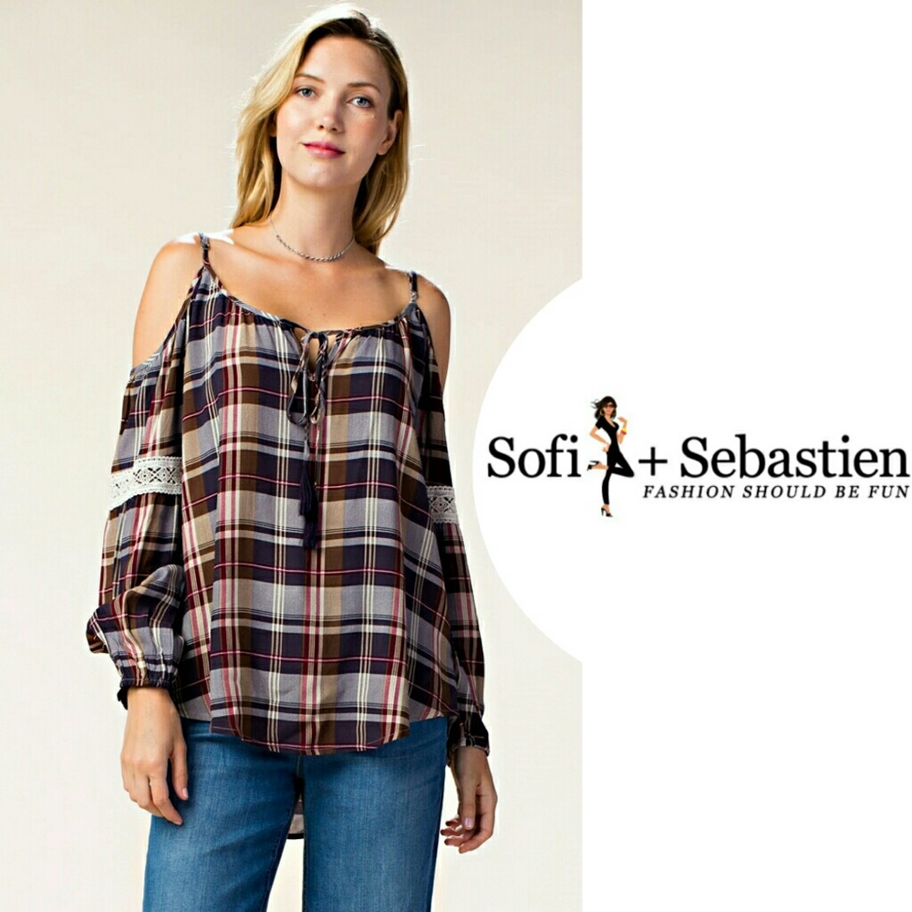 Cold shoulder plaid top Blouse Eggplant NWT - Picture 2 of 5