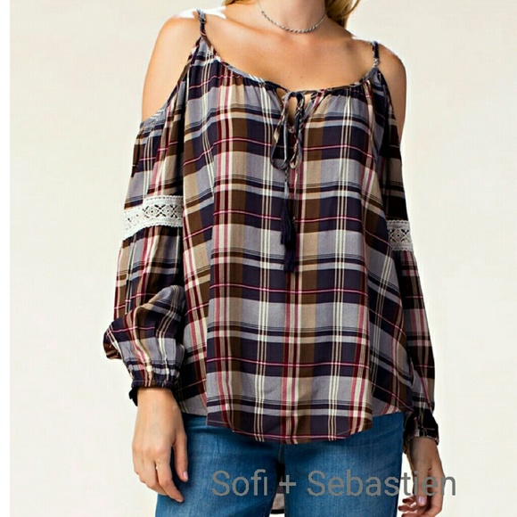 Cold shoulder plaid top Blouse Eggplant NWT - Picture 4 of 5