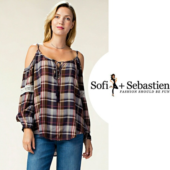 Cold shoulder plaid top Blouse Eggplant NWT - Picture 2 of 5