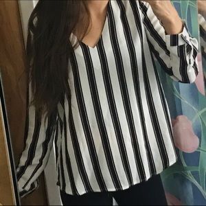 Striped V-Neck Blouse, Cuffed Sleeves