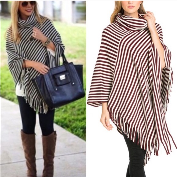 🚨🚨LAST🚨🚨EMMALEE fringe poncho - BURGUNDY - Picture 3 of 5