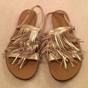 Gold fringe slingback sandals
