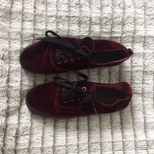 Red velvet platform shoes