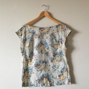 Anthropologie Linen Floral Boatneck