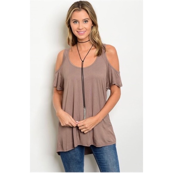 Cold Shoulder Open Back Back Tunic Top in Mocha - Picture 2 of 3