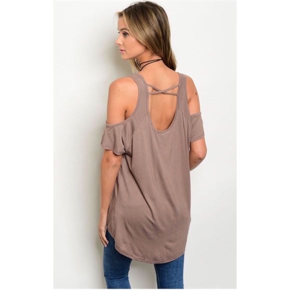 Cold Shoulder Open Back Back Tunic Top in Mocha - Picture 3 of 3