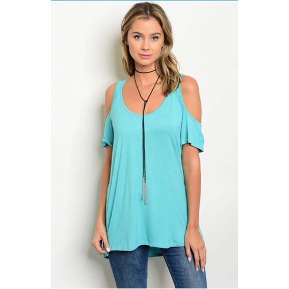 Cold Shoulder Short Sleeve Tunic Top in Teal - Picture 2 of 3