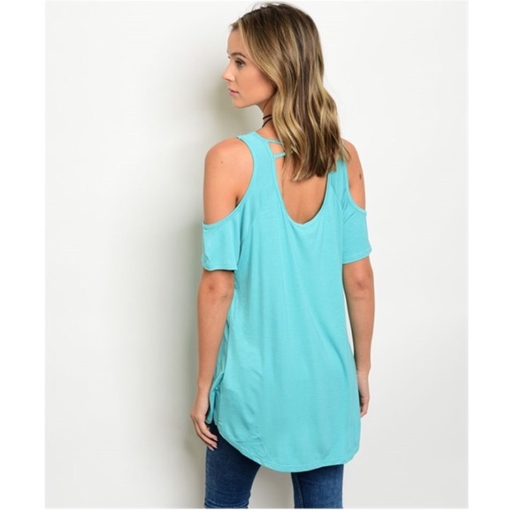Cold Shoulder Short Sleeve Tunic Top in Teal - Picture 3 of 3