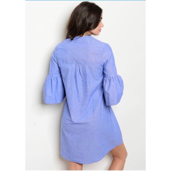 Chambray Boho Bell Sleeve Embroidered Dress - Picture 2 of 2