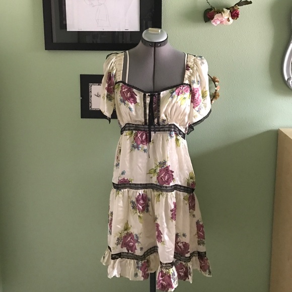 Betsey Johnson Silk Floral Black Lace Slip Dress