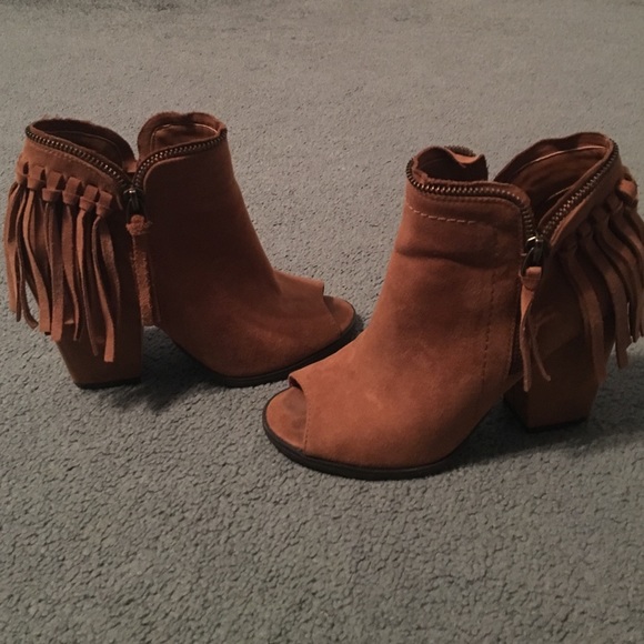 Suede open toe fringe booties