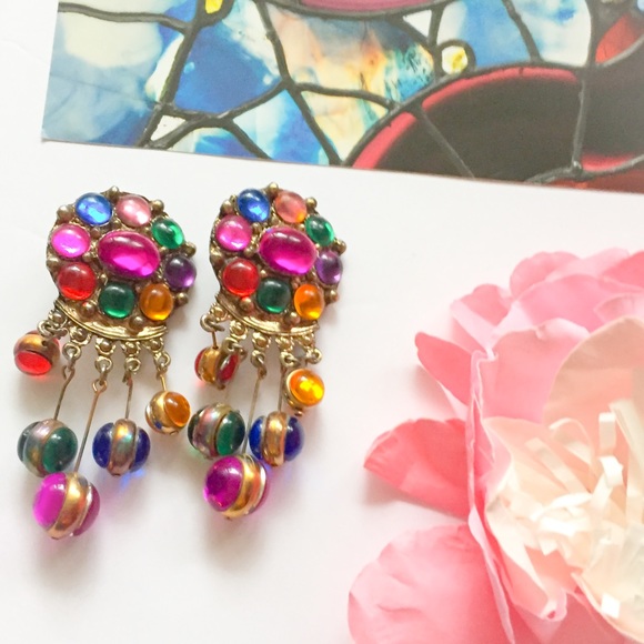 Vintage Jewel Tone Dangle Clip on Earrings - Picture 2 of 4