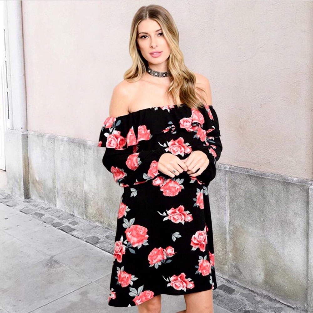 LAST Off the Shoulder Flutter Rose Floral Dress