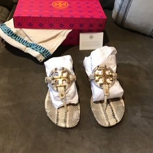 Tory Burch latte grey/gold Miller sandal.