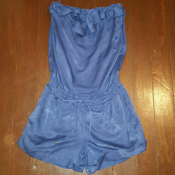 Blue strapless romper with ruffles, drawstring - Picture 2 of 4