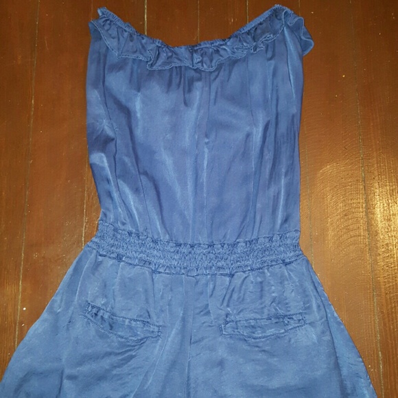 Blue strapless romper with ruffles, drawstring - Picture 4 of 4