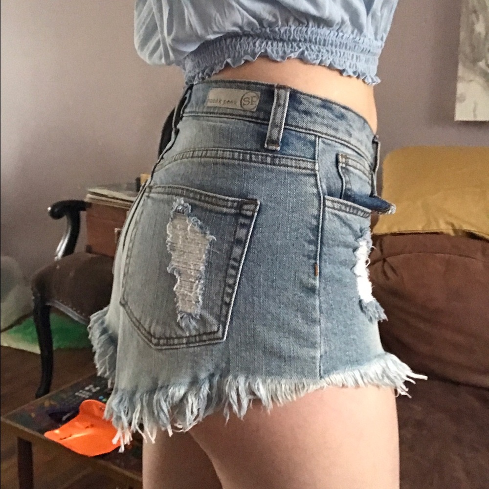 High-Waist Denim Distressed Shorts