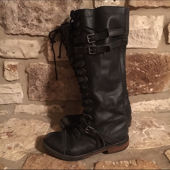 Knee-high Boots Lace-Up Black Leather