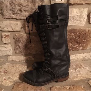 Knee-high Boots Lace-Up Black Leather