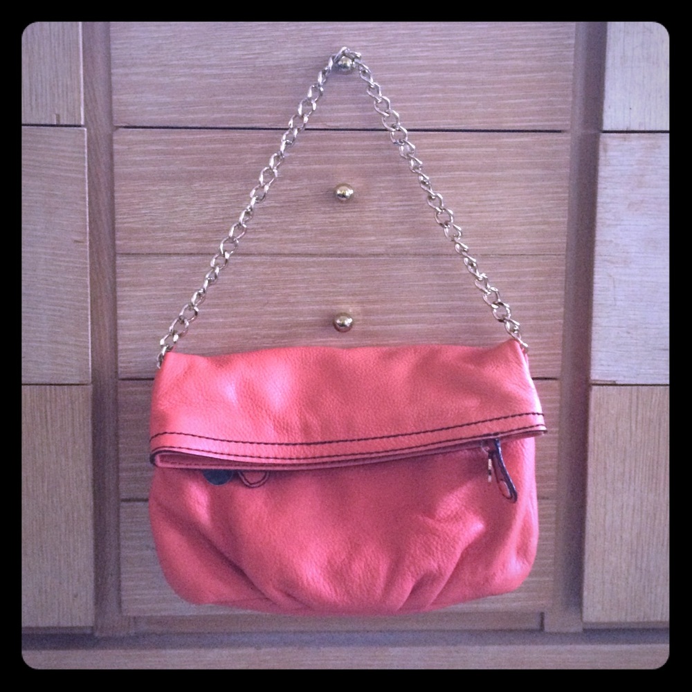 LOFT leather fold over bucket bag - salmon
